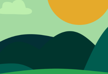 Earth day 2021 games and activities cover - green mountains and sky with clouds and a sun.